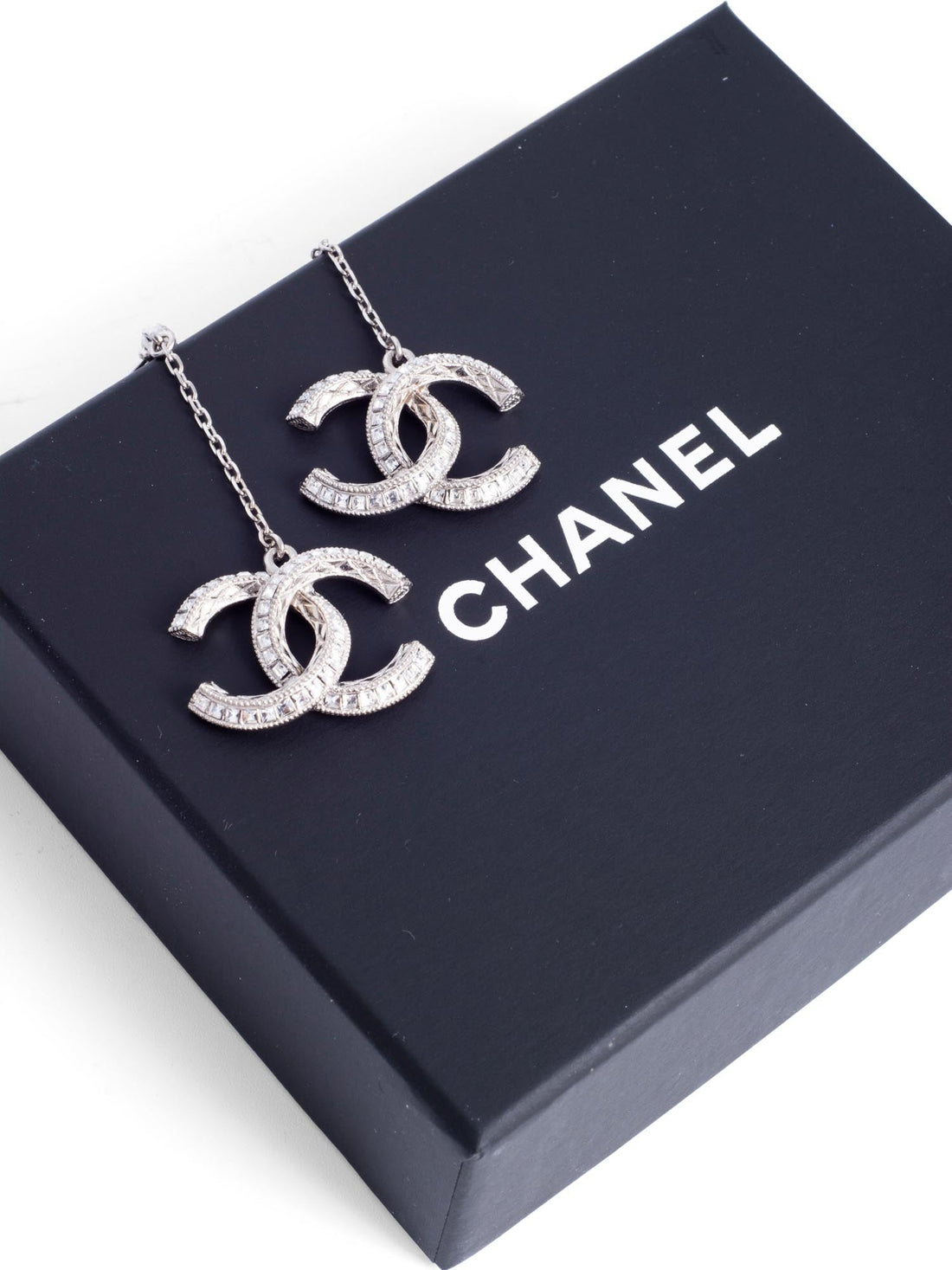 Chanel CC Logo Swarovski Crystals Drop Earrings Silver
