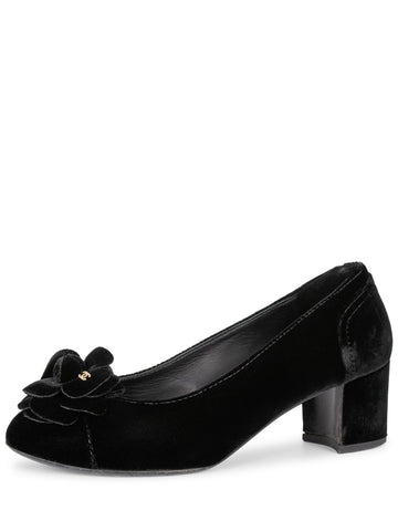 Chanel CC Logo Velvet Camellia Round Toe Shoes Black