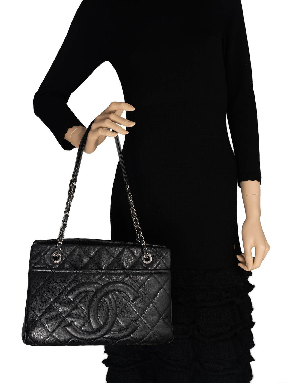 Chanel Caviar Quilted Leather CC Logo Shopper Bag Black