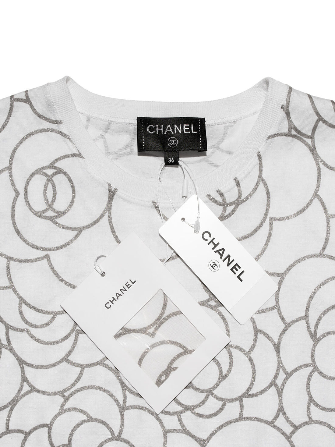 Chanel Cotton CC Logo Camellia Tee Shirt Silver White
