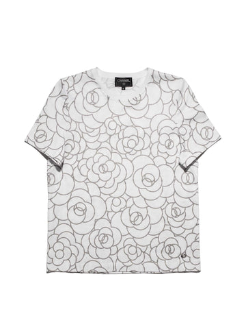 Chanel Cotton CC Logo Camellia Tee Shirt Silver White