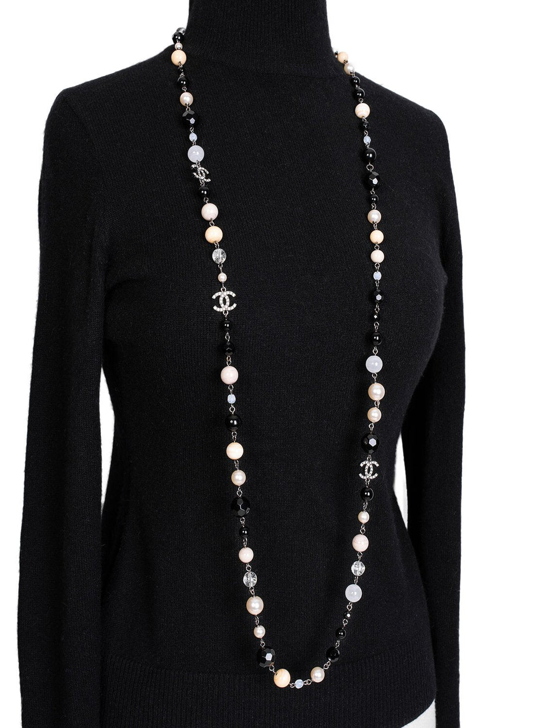 Chanel Pearl CC Logo Long Necklace Silver