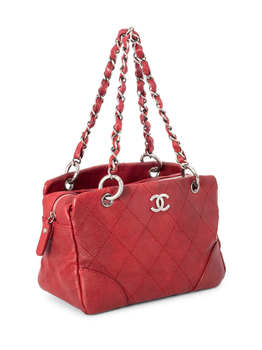 Chanel Quilted Caviar CC Logo Petit Shopper Bag Red