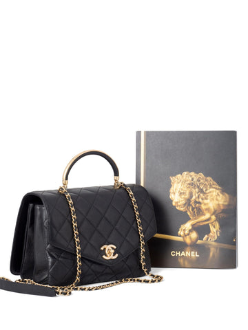 Chanel Quilted Caviar Gold Top Handle Medium Flap Bag Black