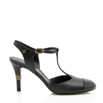 Chanel Lambskin Crystal CC Cap Toe T-Strap Pumps - Size 8.5 / 38.5 (SHF-hgEKsW)