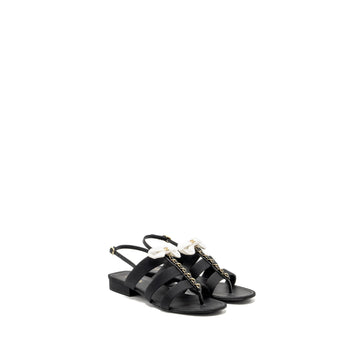 Chanel Size 39 21K Grosgrain Chain CC Logo With White Bow Sandals Black LGHW
