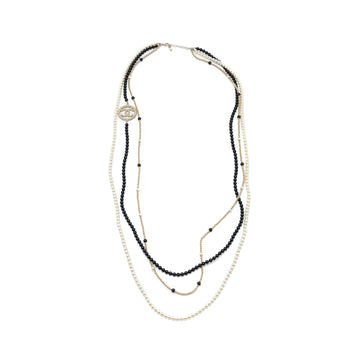 Chanel Round CC Logo Long Necklace with Pearl/Glass Pearl Light Gold Tone