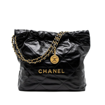 Chanel Small 22 Bag Gold Letter Shiny Calfskin Black Brushed GHW (Microchip)