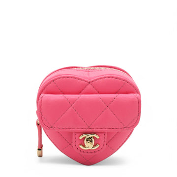 Chanel Lambskin Quilted CC In Love Heart Zipped Arm Coin Purse Pink