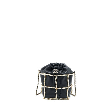 Chanel Bucket Crystal CC Logo Pearl Chain Bag Lambskin Black SHW
