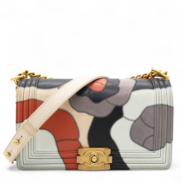 Chanel Lambskin Suede Patchwork Medium Act I Camellia Boy Flap Charcoal Brown Pink
