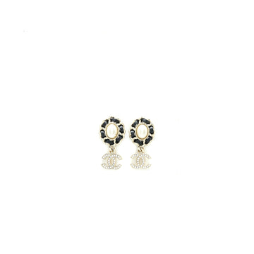 Chanel Crystal CC Logo Drop Earrings Leather Pearl Light Gold Tone