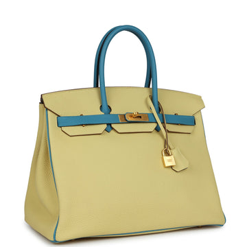Hermes SpSSial Order (HSS) Birkin 35 Jaune Poussin and Bleu Paradise Togo Brushed Gold Hardware