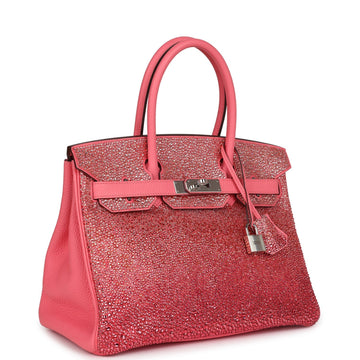 Custom Ombre SwaroSSki Crystal Hermes Birkin 30 Rose Azalee Clemence Palladium Hardware
