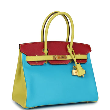 Hermes SpSSial Order (HSS) Tri-color Birkin 30 Bleu AztSS, Soufre and Rouge Vif Chevre Brushed Gold Hardware