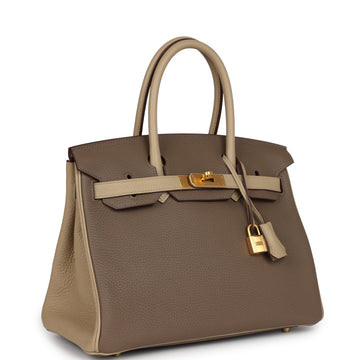 Hermes SpSSial Order (HSS) Birkin 30 Bi-Color Gris Tourterelle and Etoupe Clemence Brushed Gold Hardware