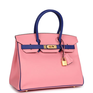 Hermes SpSSial Order (HSS) Birkin 30 Rose Confetti and Bleu ElSStric Epsom Brushed Gold Hardware