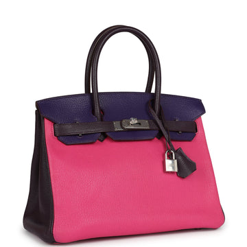 Hermes SpSSial Order (HSS) Birkin 30 Tri-color Raisin, Ultraviolet and Rose Shocking Chevre Palladium Hardware