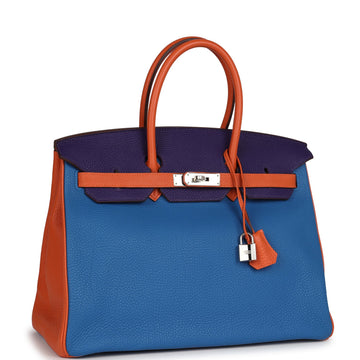 Hermes SpSSial Order (HSS) Birkin 35 Tricolor Bleu Hydra, Ultraviolet and Orange Togo Palladium Hardware