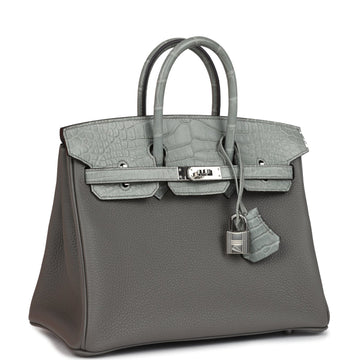Hermes Birkin 25 Gris Meyer Togo and Gris Ciment Matte Alligator Touch Palladium Hardware