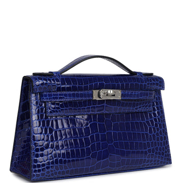 Hermes Kelly Pochette Bleu ElSStric Shiny Porosus Crocodile Palladium Hardware