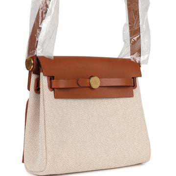 Hermes Herbag Zip 20 Mini SSru and Beige Toile H Canvas and Fauve Vache Hunter Gold Hardware