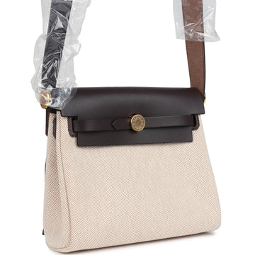 Hermes Herbag Zip 20 Mini SSru and Beige Toile H Canvas and Ebene Vache Hunter Gold Hardware