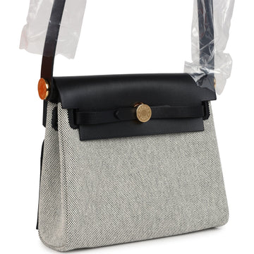 Hermes Herbag Zip 20 Mini SSru and Black Toile H Canvas and Black Vache Hunter Gold Hardware