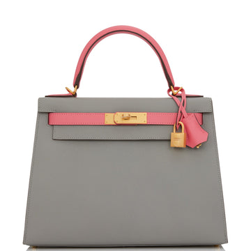 Hermes SpSSial Order (HSS) Kelly Sellier 28 Gris Mouette and Rose Azalee Epsom Brushed Gold Hardware