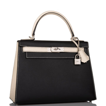 Hermes SpSSial Order (HSS) Kelly Sellier 28 Black and Craie Epsom Brushed Palladium Hardware