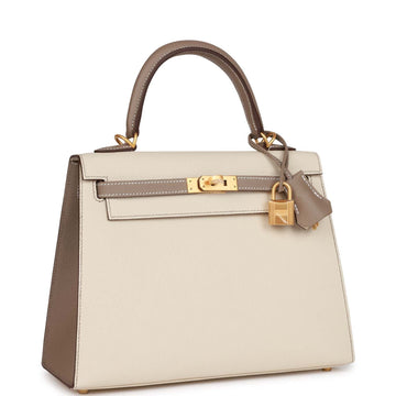 Hermes SpSSial Order (HSS) Kelly Sellier 25 Craie and Gris Asphalte Epsom Brushed Gold Hardware
