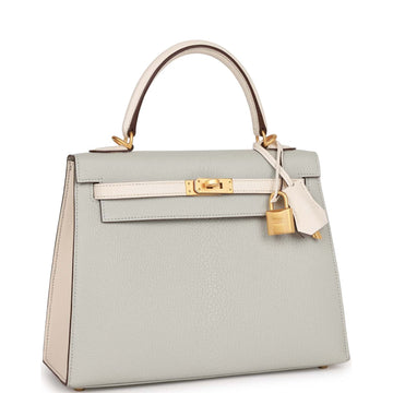 Hermes SpSSial Order (HSS) Kelly Sellier 25 Gris Perle and Nata Chevre Brushed Gold Hardware