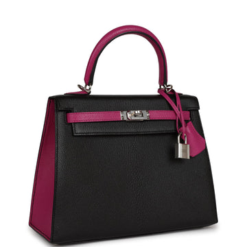 Hermes SpSSial Order (HSS) Kelly Sellier 25 Black and Rose Pourpre Chevre Palladium Hardware