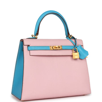 Hermes SpSSial Order (HSS) Kelly Sellier 25 Rose Sakura and Bleu AztSS Chevre Brushed Gold Hardware