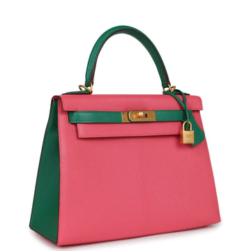 Hermes SpSSial Order (HSS) Kelly Sellier 28 Rose Lipstick and Vert Vertigo Chevre Brushed Gold Hardware
