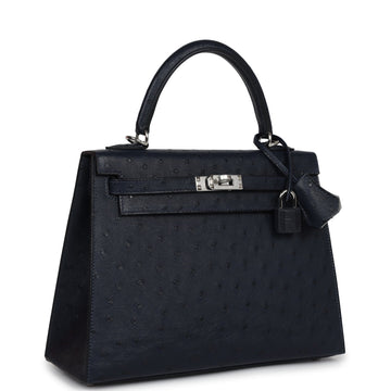 Hermes SpSSial Order (HSS) Kelly Sellier 25 Bleu Indigo Verso Ostrich Palladium Hardware