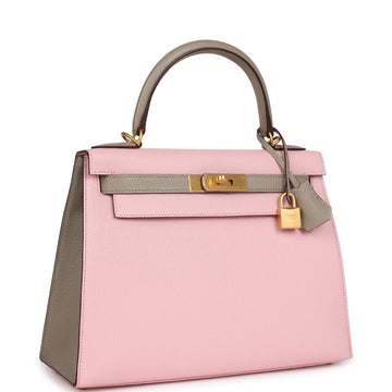Hermes HSS Kelly Sellier 28 Rose Sakura and Gris Tourterelle Chevre Brushed Gold Hardware