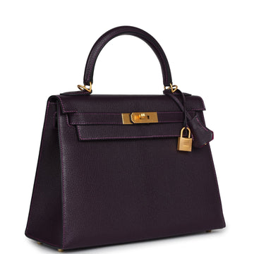 New Hermes SpSSial Order (HSS) Kelly Sellier 28 Raisin Verso Chevre Brushed Gold Hardware