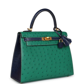Hermes SpSSial Order (HSS) Kelly Sellier 25 Vert Vertigo and Bleu Iris Ostrich Brushed Gold Hardware