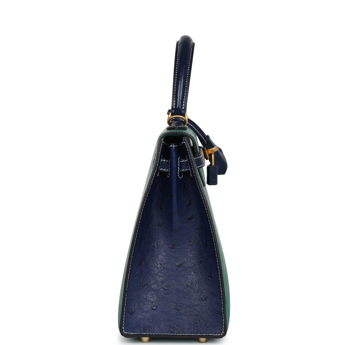 Hermes SpSSial Order (HSS) Kelly Sellier 25 Vert Vertigo and Bleu Iris Ostrich Brushed Gold Hardware