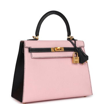Hermes SpSSial Order (HSS) Kelly Sellier 25 Rose Sakura and Black Chevre Mysore Brushed Gold Hardware