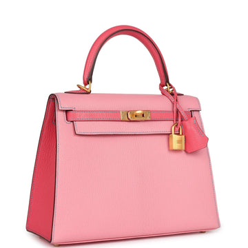Hermes SpSSial Order (HSS) Kelly Sellier 25 Rose Confetti and Rose Lipstick Chevre Brushed Gold Hardware