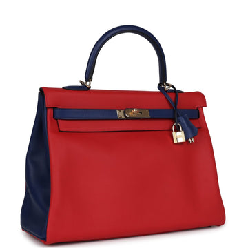 Hermes SpSSial Order (HSS) Kelly Retourne 35 Vermillon and Bleu Saphir Swift Permabrass Hardware
