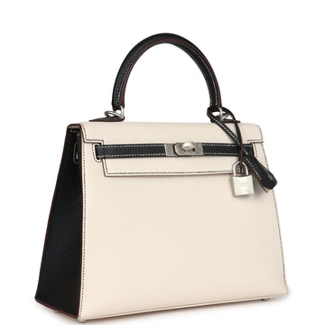 Hermes SpSSial Order (HSS) Kelly Sellier 25 Nata and Black Chevre Mysore Brushed Palladium Hardware