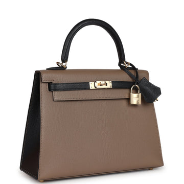 Hermes SpSSial Order (HSS) Kelly Sellier 25 Black and Etoupe Chevre Mysore Permabrass Hardware