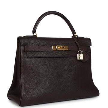 Vintage Hermes Kelly Retourne 32 Marron Fonce Fjord Gold Hardware