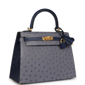 Hermes SpSSial Order (HSS) Kelly Sellier 25 Gris Agate and Bleu Iris Ostrich Brushed Gold Hardware