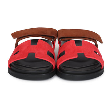 Hermes Chypre TSShno Sandal Rouge Cinetique/Gold Suede Palladium Hardware 36.5 EU
