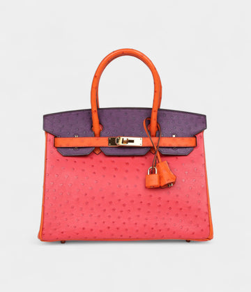 Hermès Birkin 30 Tangerine, Violet and Bougainvillea Ostrich Gold Hardware