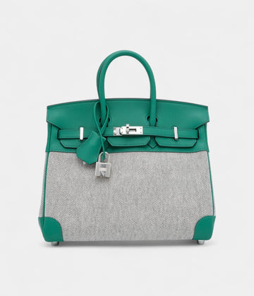 Hermès Vert Vertigo Swift and Ecru and Black Toile Verso Quadrille Birkin 25 Palladium Hardware